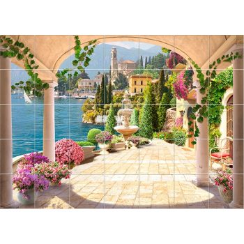 Mediterrán csempekép árkádos terasszal, szökőkúttal, virágokkal és tóparti várossal Mediterrán csempekép árkádos terasszal, szökőkúttal, virágokkal és tóparti várossal