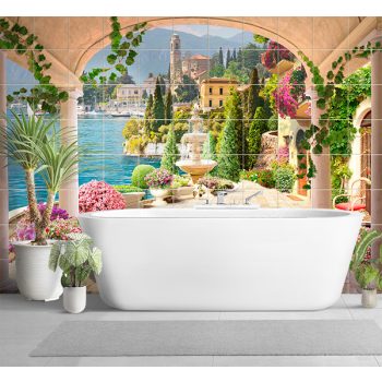 ceramic tile with mediterranean terrace landscape and fountain