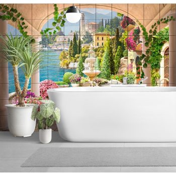 Mediterrán csempekép árkádos terasszal, szökőkúttal, virágokkal és tóparti várossal