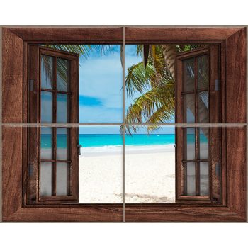 Tropical beach with palm tree seen through an open wooden window – exotic ceramic tile mural Tropical beach with palm tree seen through an open wooden window – exotic ceramic tile mural