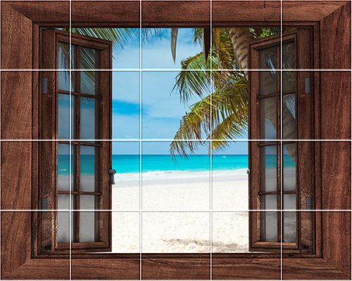 Tropical beach with palm tree seen through an open wooden window – exotic ceramic tile mural