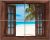 Tropical beach with palm tree seen through an open wooden window – exotic ceramic tile mural