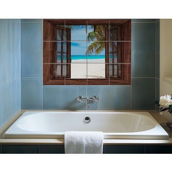 Tropical beach with palm tree seen through an open wooden window – exotic ceramic tile mural
