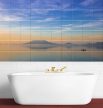 Ceramic tile mural of Badacsony at sunset with a rowing boat and lake reflections