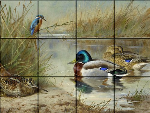 Tile mural - birds - Kingfisher, woodcock and mallards 