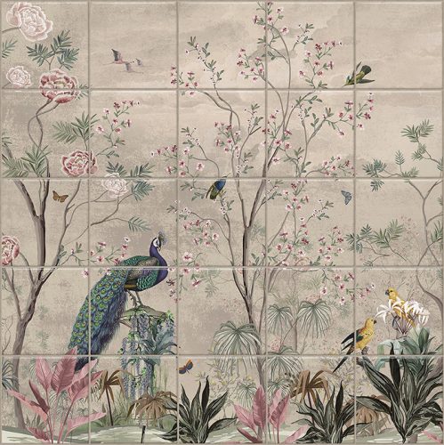 Ceramic tile mural with peacock, tropical birds, butterflies and blooming branches