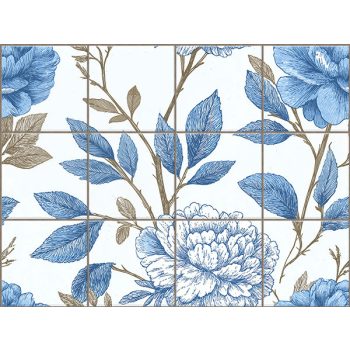 Blue floral ceramic tile mural with leaves and brown branches