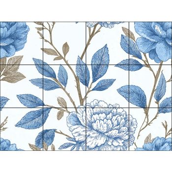 Kék virágos dekorcsempe barna ágakkal és levelekkel