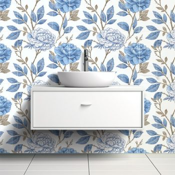 Blue floral ceramic tile mural with leaves and brown branches