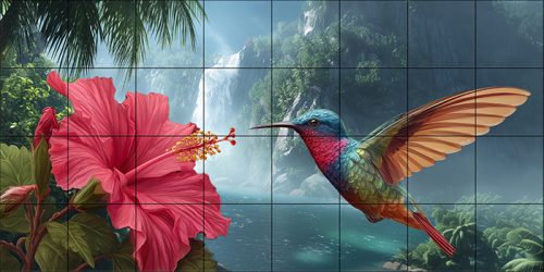 Kolibri és hibiszkusz virág trópusi vízeséssel, pálmafákkal és hegyvidéki háttérrel – csempe