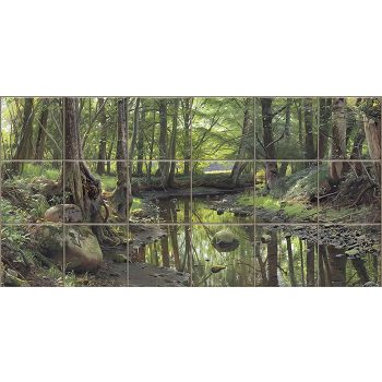 Ceramic tile mural with forest creek, rocks and trees