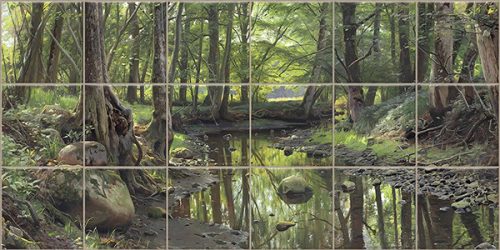 Ceramic tile mural with forest creek, rocks and trees