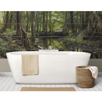 Ceramic tile mural with forest creek, rocks and trees