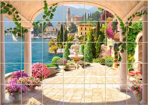 Mediterranean Tile Mural with Terrace, Fountain and Lakeside Town