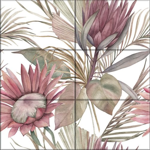 Tile mural with watercolor-style pastel protea flowers and tropical leaves