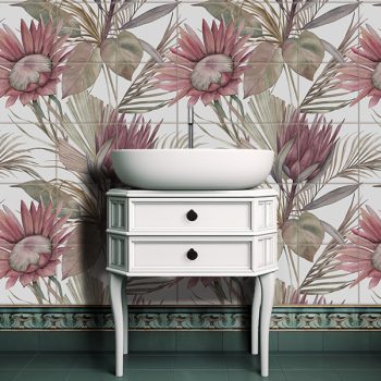 Tile mural with watercolor-style pastel protea flowers and tropical leaves