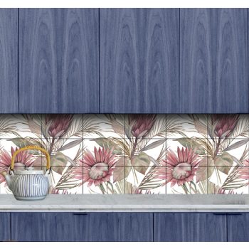 Tile mural with watercolor-style pastel protea flowers and tropical leaves