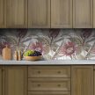 Tile mural with watercolor-style pastel protea flowers and tropical leaves