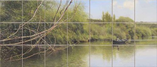 Riverside landscape with fishing boat ceramic tile mural 