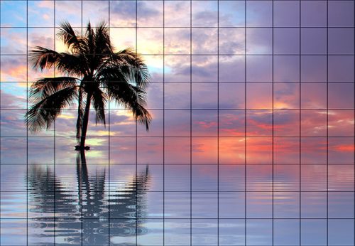 Beach and palm tree in the sunset - tile mural