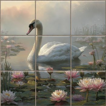 two swans swimming on a lily-covered pond – romantic nature ceramic tile mural two swans swimming on a lily-covered pond – romantic nature ceramic tile mural