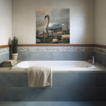 Swan with water lilies ceramic tile mural with pond and aquatic plants