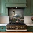 Swan with water lilies ceramic tile mural with pond and aquatic plants
