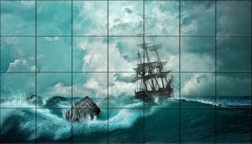 Ceramic tile mural of a sailing ship in a stormy sea with dark clouds and dramatic waves