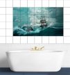 Ceramic tile mural of a sailing ship in a stormy sea with dark clouds and dramatic waves