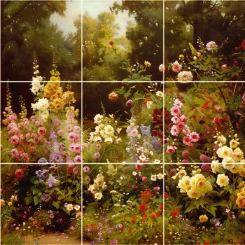 Színes virágoskertet ábrázoló kerámia csempekép  Színes virágoskertet ábrázoló kerámia csempekép