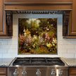 Romantic ceramic tile mural with colorful flower garden and natural background