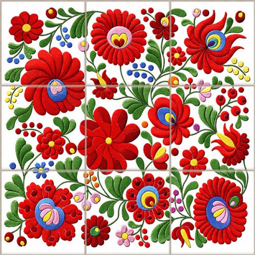 Ceramic tile with traditional Hungarian Kalocsa embroidery floral pattern