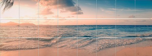 Tropical decorative tile mural with ocean waves and Seychelles sunset