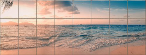 Tropical decorative tile mural with ocean waves and Seychelles sunset