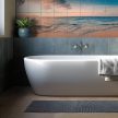 Tropical decorative tile mural with ocean waves and Seychelles sunset