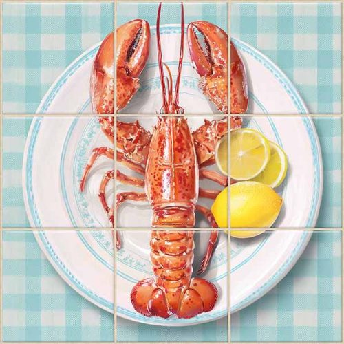 Plated lobster with lemon slices – ceramic tile mural for kitchen decor