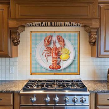 Plated lobster with lemon slices – ceramic tile mural for kitchen decor