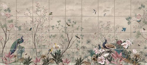 Ceramic tile mural with peacock, tropical birds, butterflies and blooming branches