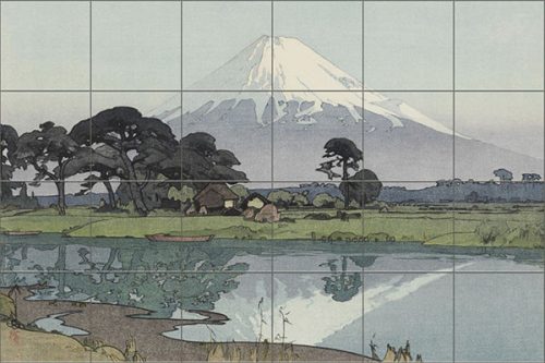 Japán tájkép Fudzsi-heggyel, tóval és csónakokkal – panorámaformátumú csempekép