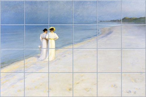 Ceramic tile mural with two women walking on Skagen beach at sunset