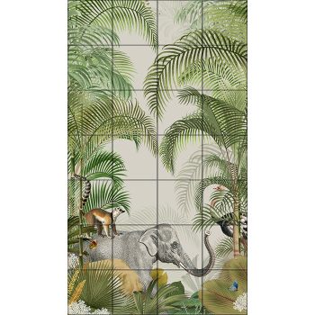 Jungle scene with elephant, monkey, toucan, flamingo and tropical plants – exotic tile mural Jungle scene with elephant, monkey, toucan, flamingo and tropical plants – exotic tile mural