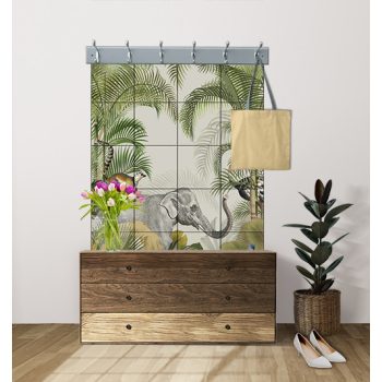 Jungle scene with elephant, monkey, toucan, flamingo and tropical plants – exotic tile mural