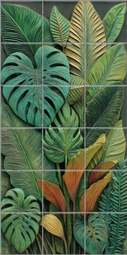 Tropical leaves ceramic tile mural with monstera and banana leaves