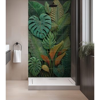 Tropical leaves ceramic tile mural with monstera and banana leaves