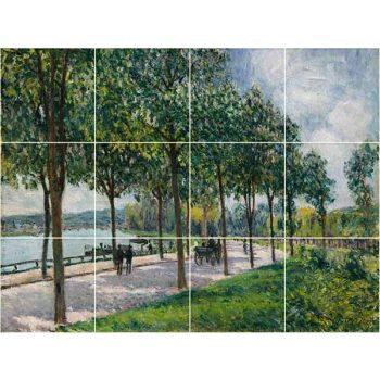 Ceramic tile mural with chestnut tree promenade and horse carriage based on Alfred Sisley painting Ceramic tile mural with chestnut tree promenade and horse carriage based on Alfred Sisley painting
