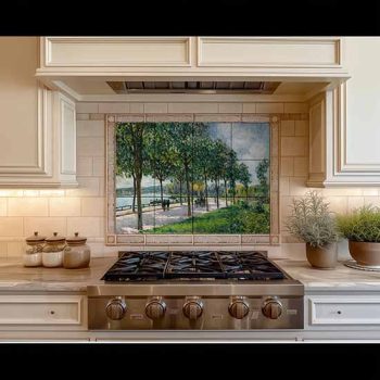 Ceramic tile mural with chestnut tree promenade and horse carriage based on Alfred Sisley painting