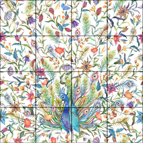 Csempekép mozaik - páva színes virágokkal