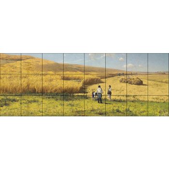 Ceramic tile mural with Ukrainian harvest scene: wheat fields, peasants, sheaves, and haystacks Ceramic tile mural with Ukrainian harvest scene: wheat fields, peasants, sheaves, and haystacks