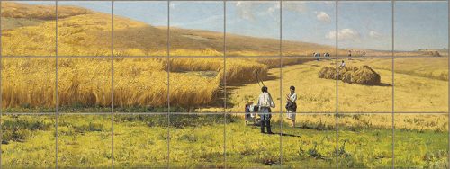 Ceramic tile mural with harvest scene