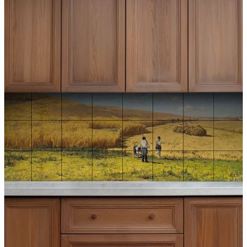 Ceramic tile mural with Ukrainian harvest scene: wheat fields, peasants, sheaves, and haystacks